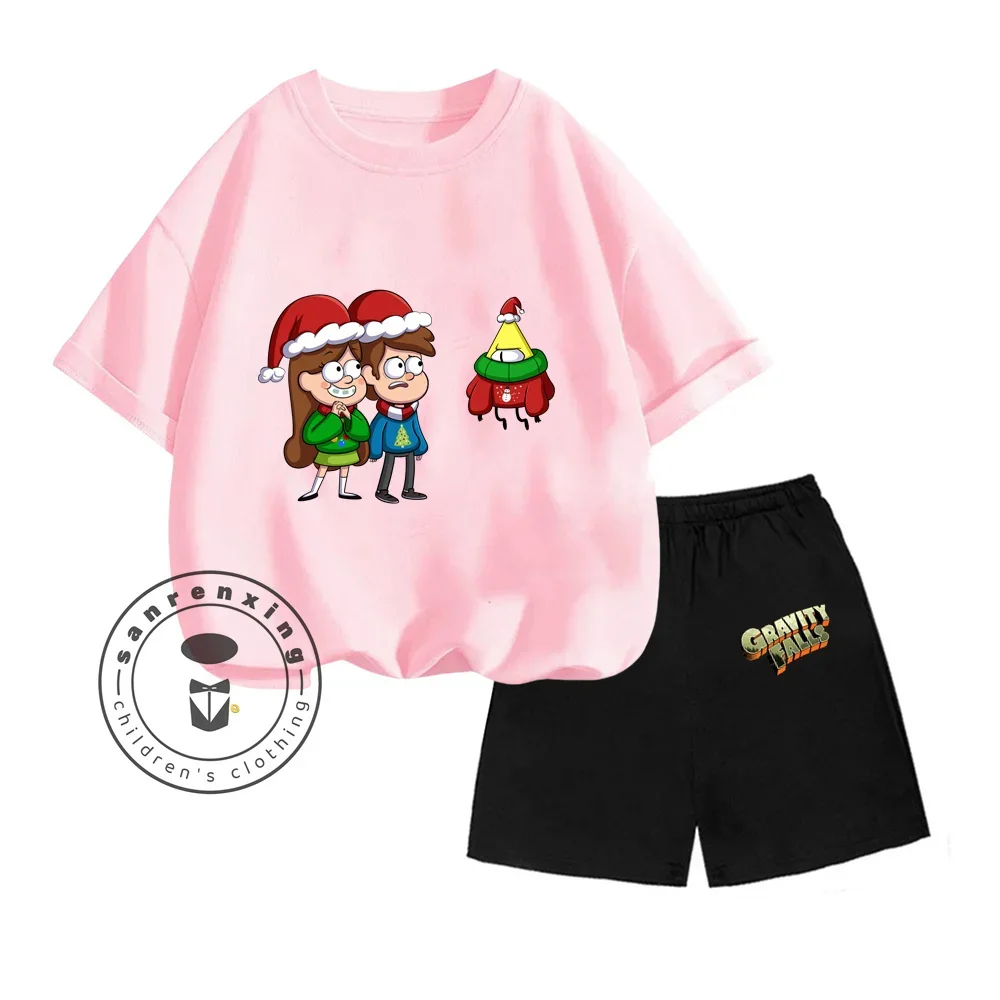 

Hip Hop Style Gravity Falls Vertical Graphic Cartoon Print Design O-neck Short Sleeve and Shorts Children Summer Two-piece Set