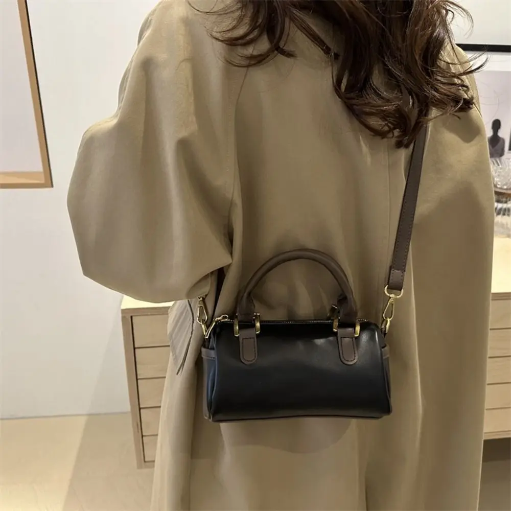 

Vintage French Style Bowling Bag Large Capacity PU Leather Boston Shoulder Bag Cute Elegant Cylindrical Bag Work