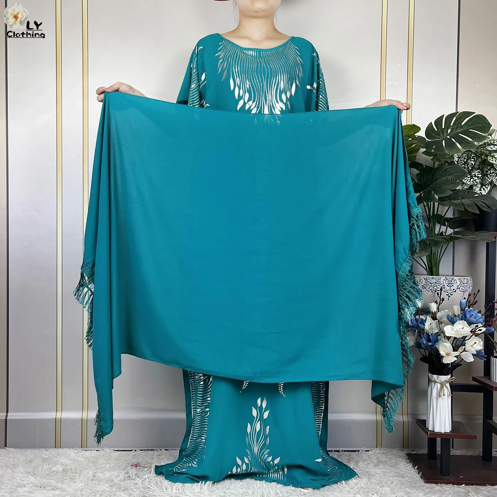 New African Summer Femme Short Sleeve Dress Cotton Gilding Dubai Kaftan Islam Women Dress With Big Scarf Loose Casual Clothes