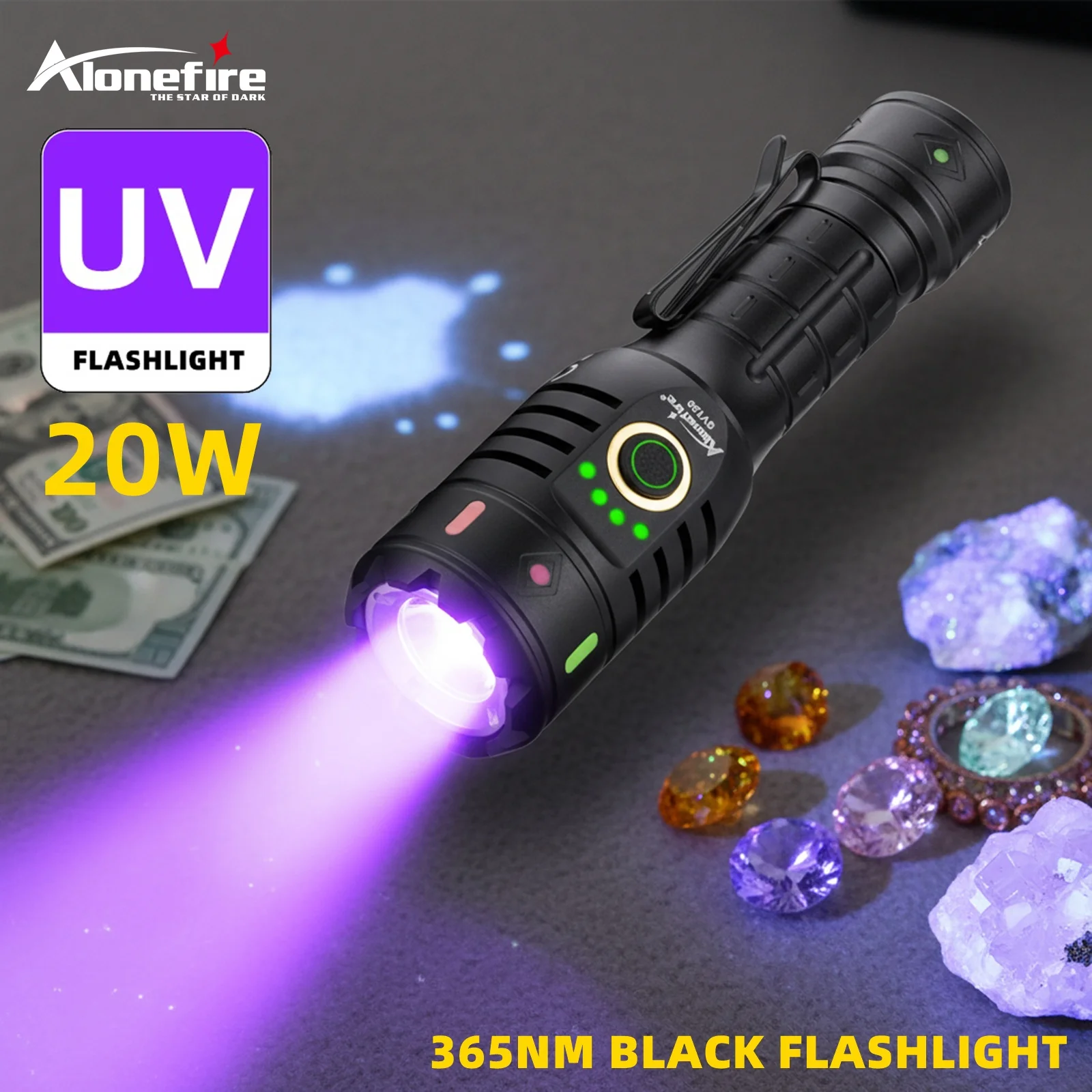 

Фонарь Alonefire 20W с мощным УФ-светом 365 нм, USB-перезаряжаемый, для обнаружения пятен от кошек и собак, грибка у животных, руды, денег, скорпионов