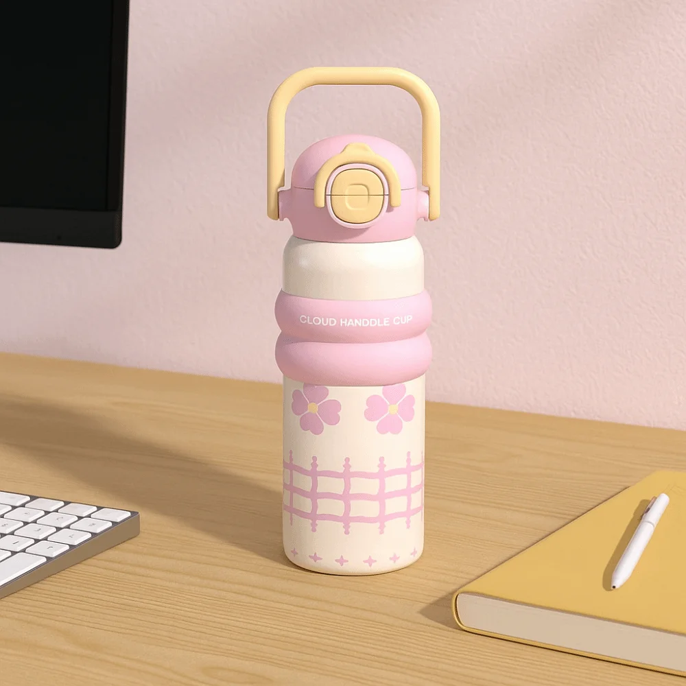 

Cute Portable Handheld Thermos Cup 600ml with Straw Thermal Bottle Cartoon Leak-Proof Thermos Water Bottle For Women