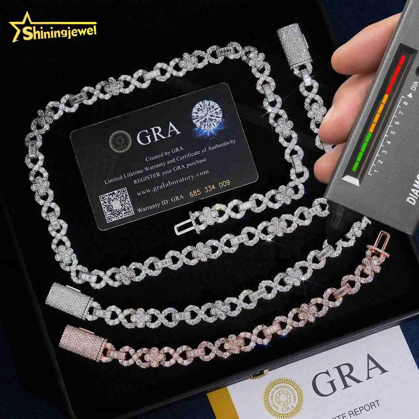 Design New Luxury Fashion 925 Silver Hip Hop Clover 10mm Moissanite Cuban Link Chain Infinity Necklace.