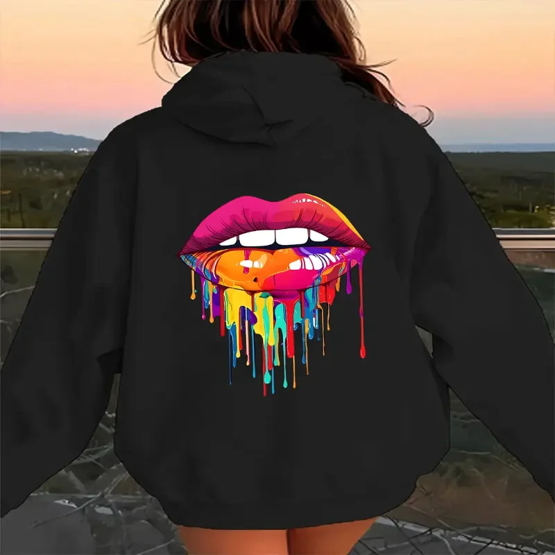 

Женская толстовка с капюшоном, смелые губы, капающая краска, графическая повседневная толстовка с капюшоном на шнурке, принт сзади, осенне-зимний сезон, удобная одежда