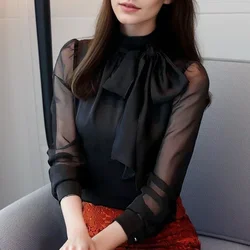 New Summer Fashion Tunic Women Blouse 2024 Long Sleeve Woman Tops Tie Bow Chiffon Women's Shirts Office Lady Clothes 0599