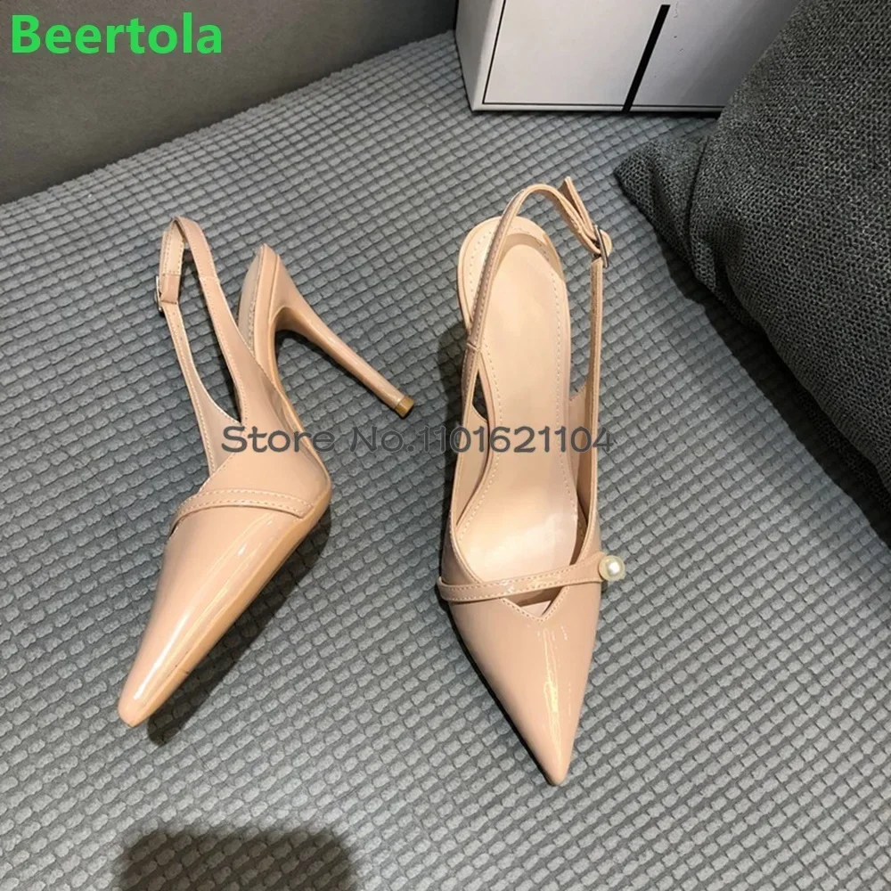 براءات الاختراع والجلود أشار تو مضخات فاخرة للإناث النساء 2025 جديد اللؤلؤ Slingback رقيقة عالية الكعب مشبك حزام أحذية أنيقة