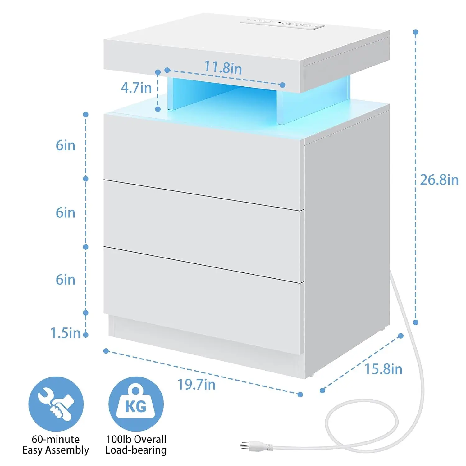 White Nightstand Wireless Charging 3 Drawers High Gloss Bedside Table USB Type C LED Lights Bedroom Organizer, Customized