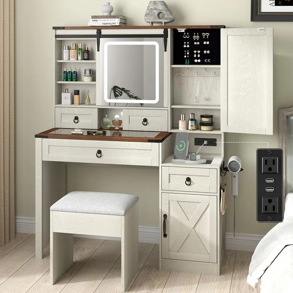 Makeup Vanity Desk with Sliding Mirror and Lights, 42 Glass Top White Vanity Set with Charging Station amp 4 Drawers amp 2 Cabi