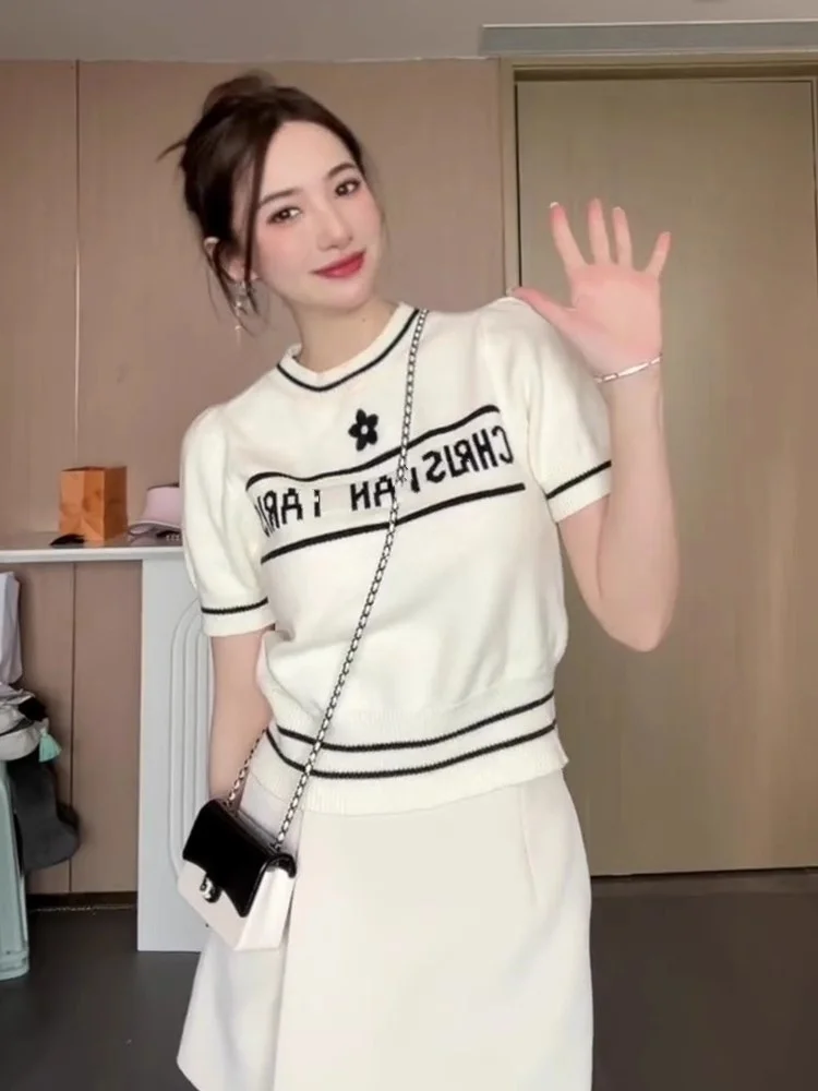 

Summer New Sle Women's Ice Silk ort Sve Knitted Top Slim Fit Thin Sweater Casual Faion round Ne Design Comfortable