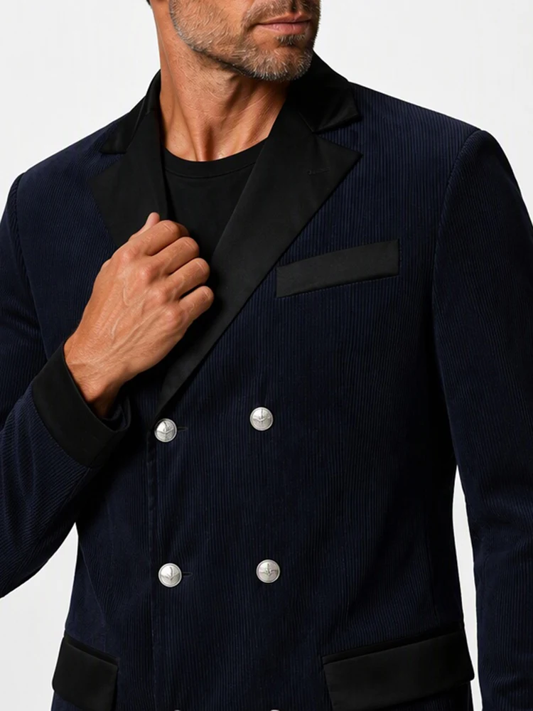 Men's Spring Autumn Thin Corduroy Blazer Peak Lapel Double Breasted Silver Button Slim Fit Daily Casual Party Tuxedo Suit Jacket