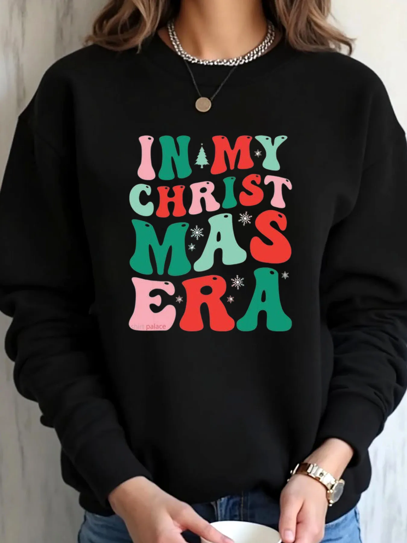 

Женская толстовка большого размера с рождественским праздником и красочным текстовым принтом, уличная одежда