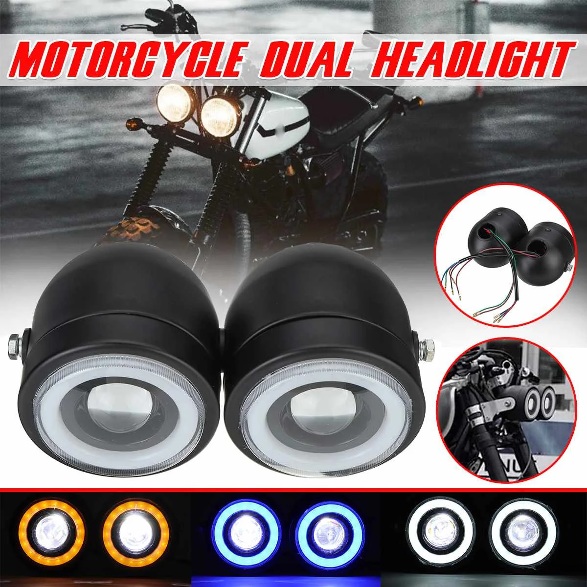 Pair Retro Motorcycle LED Headlight Halo-Angel Eye Moto Dual Head Light Hi/Lo Beam Running Light For Suzuki For Yamaha For Honda