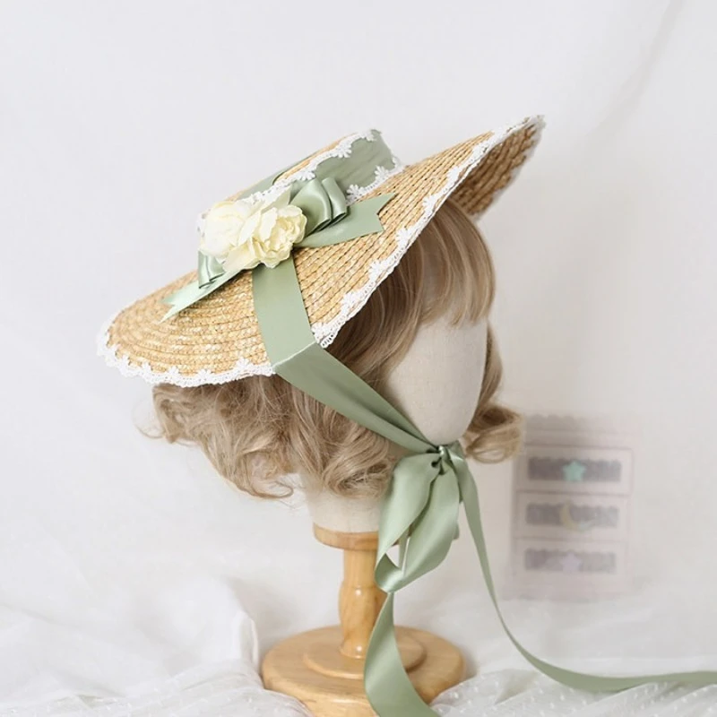New Lace Bow Flat‑Top Straw Sun Hat, Sino‑Western Fusion Pastoral Style Handmade Decorative Flat Hat for Women Outdoor Headwear