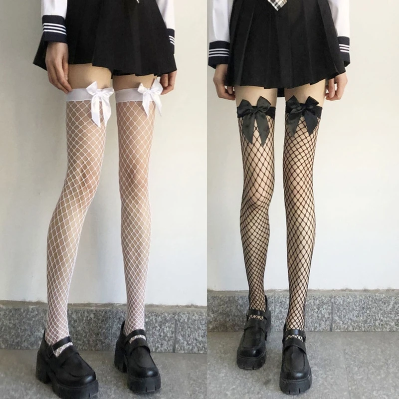 

Women Sexy Fishnet Thigh High Stockings with Sweet Bowknot Japanese Anime Hollow Out for Cross Mesh Drop shipping