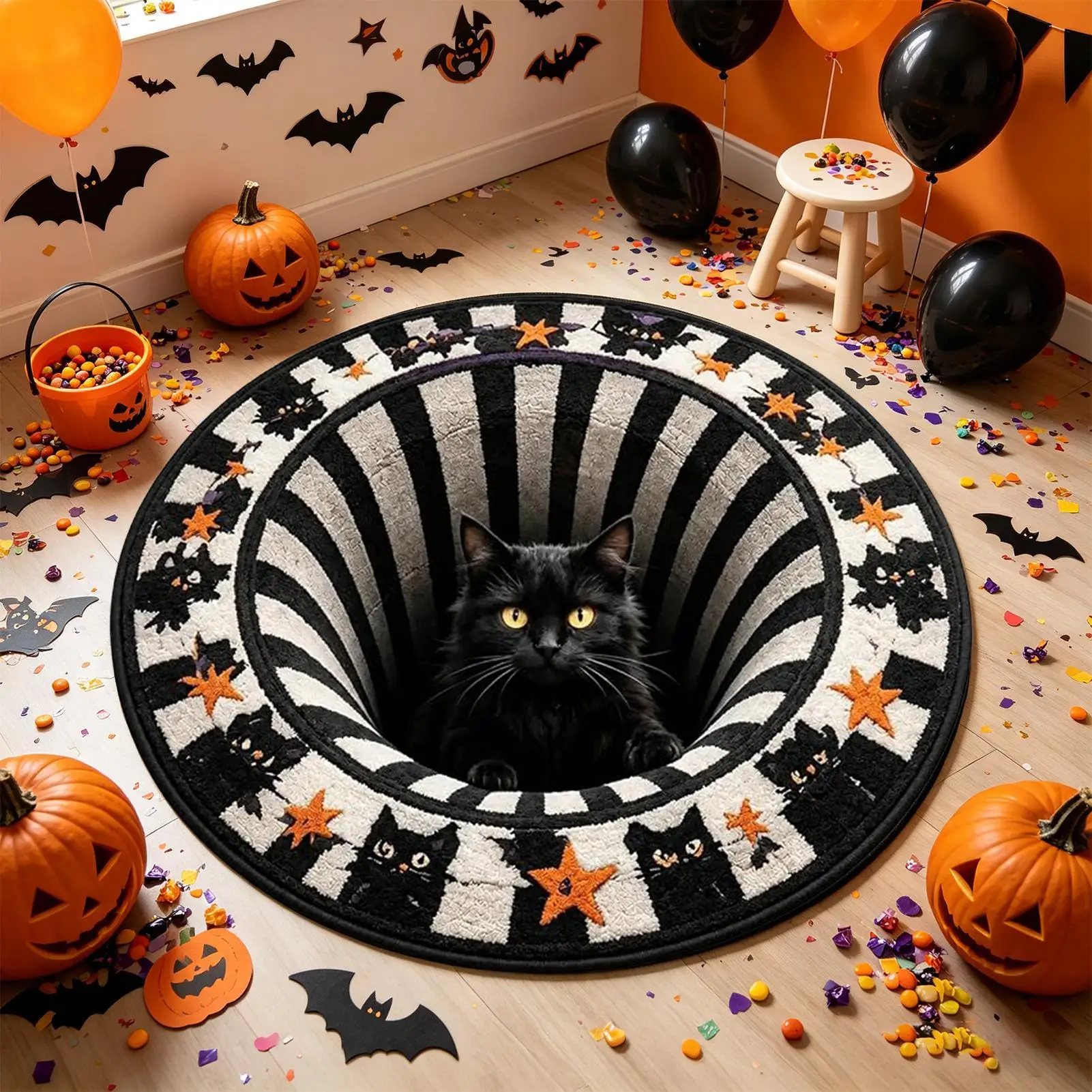 Halloween 3D Visual Vortex Black Cat Print Round Rug Non Slip Waterproof Floor Mat Halloween Spiral Optical Illusion Home decor