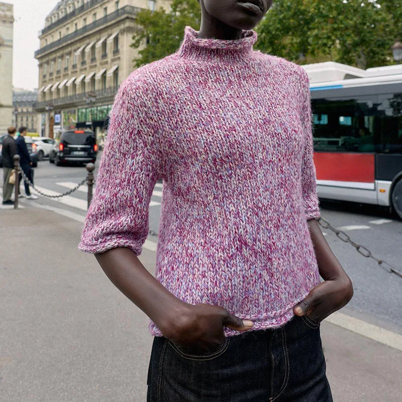 New Autumn Women's Knitted Sweater Pure Color Stand Collar Casual Patchwork Sle Seven Sve Length Regular Fit for Teens