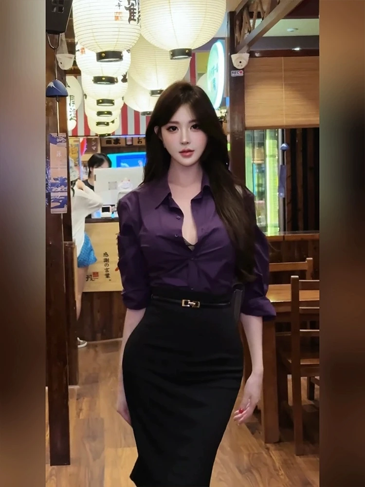 

XZY Slim Fit Long Sve irt And High Waist Skirt Set for plus Size Women Summer Sexy Faion Workwear Purple Color