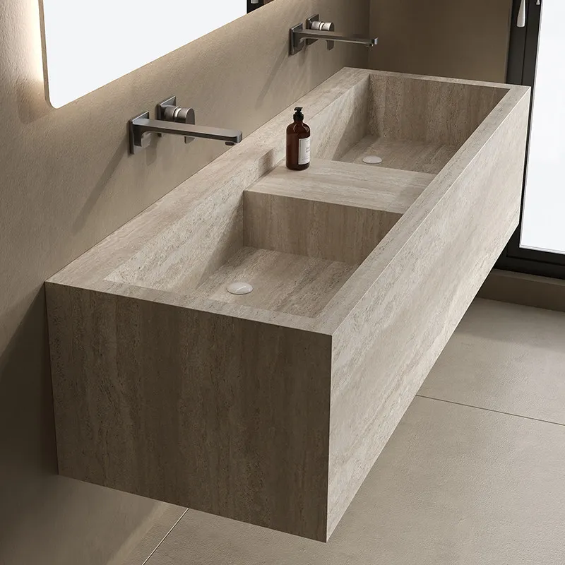Travertine bathroom cabinet rock slab seamless integrated bathroom wash basin single and double size custom
