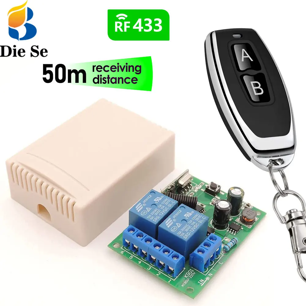 433MHz RF Universal Remote Control Gate Door Module AC 220V 2CH Relay Receiver and 2 Button Transmitter for Lamp Garage Control