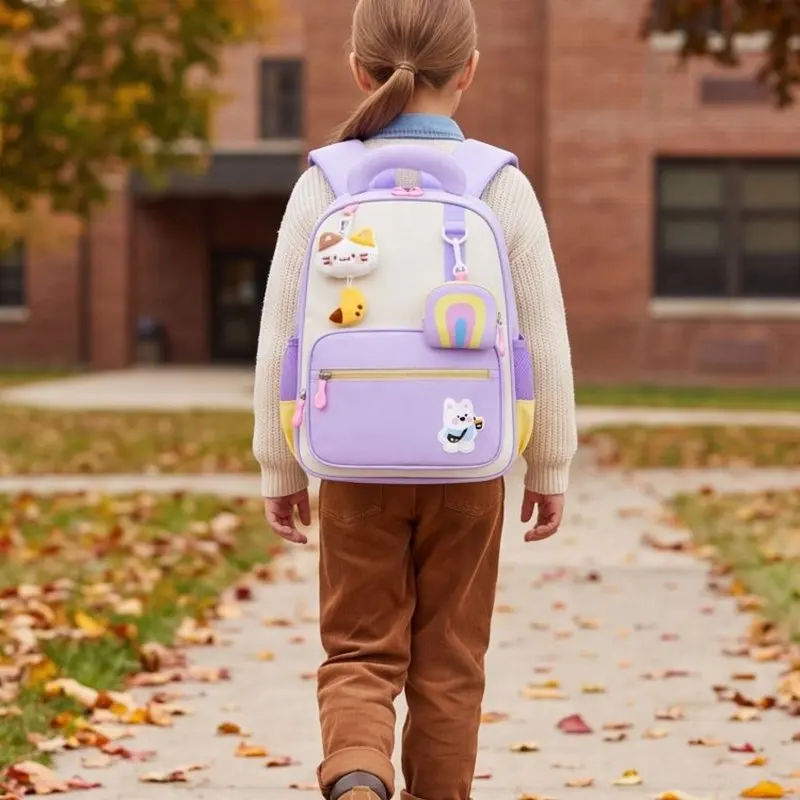Cute Purple Backpack for Girls Kindergarten Elementary School Bag with Cat Paw Pendant Lightweight Large Capacity