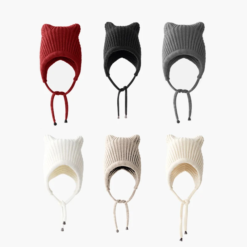 Cat Ear Style Windproof Slouchy Stocking Hat Plain Beanie With Fixed Tie Ear Flaps Knit Hat Kawaii Harajuku Winter Cap for Women