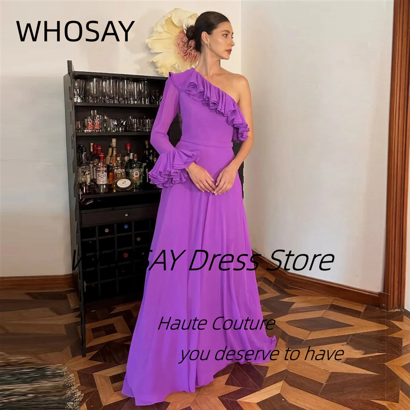 

WHOSAY Customized One Shoulder платье вечернее Sexy Back Long Sleeve Prom Dresses Floor Length Party Evening Dress