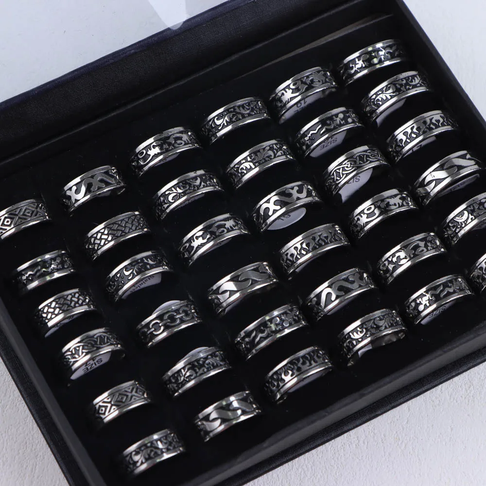 20Pcs/Lot Fashion Black Drop Oil Stainless Steel Rings For Women Men Mix Style Vintage Star Moon Jewelry Party Gifts