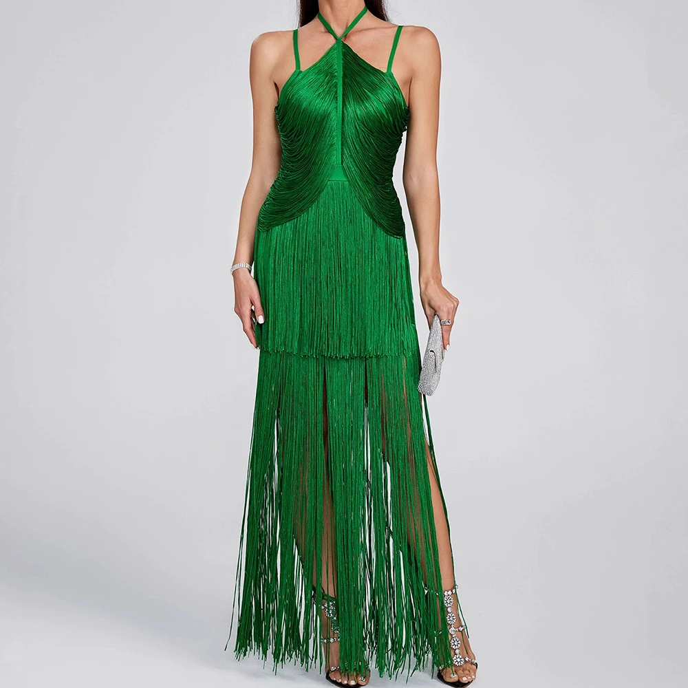 

Hot selling new halter neck maxi dress with tassel hem sexy evening dance dress-GZXX759