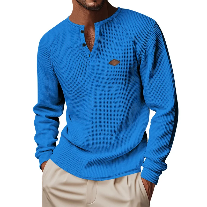 

Men's Casual American Spring and Autumn Thin Waffle Button Quick Dry Rag-shoulder Henry T-shirt Long Sleeves