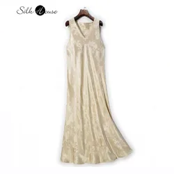 100% Natural Mulberry Silk HuaLuo V-neck Jacquard Champagne Color Sleeveless Women's Fashionable Diagonal Cut Vest Dress