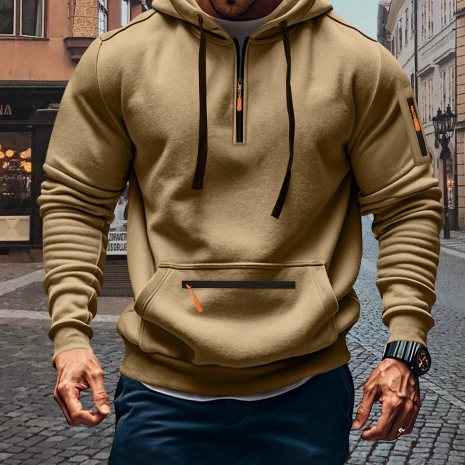 Moletom masculino outono inverno com cordão e bolsos casual de manga comprida com capuz