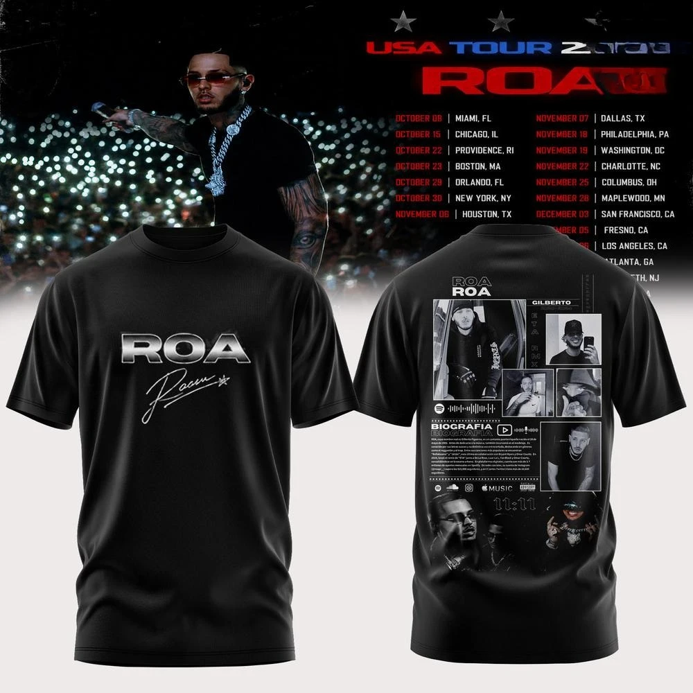 ROA USA Tour 2026 Urban Latin Era Black Graphic T-Shirt, Latin Music Concert Fan Tee, Unisex Casual Tour Merch Top