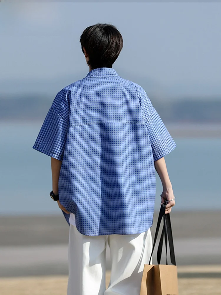 Wassup Happy Hong Kong Style Retro Plaid Short Sleeve Casual Shirt Men Summer Trendy Lazy Style Loose Fit Polyester Fiber