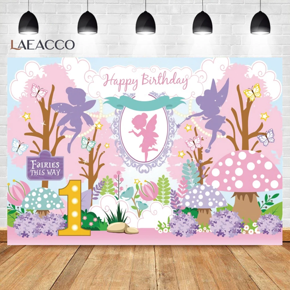 Baby Girls Birthday Mushroom House Background Fairy Tale Elf Butterfly Colorful Flowers 1st Birthday Party Photography Backdrop