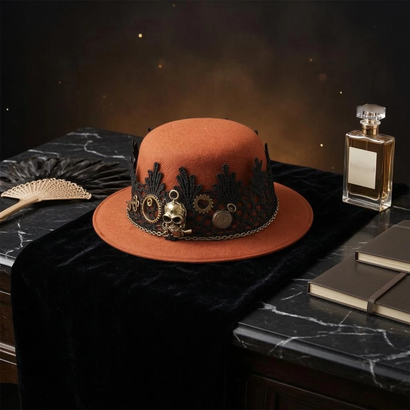 

Steampunk Small Top Hat Hat Rounded Crown Historical-Era Costume Hat Headwear Chain Trim Dress-up Item Metal Cog Accents