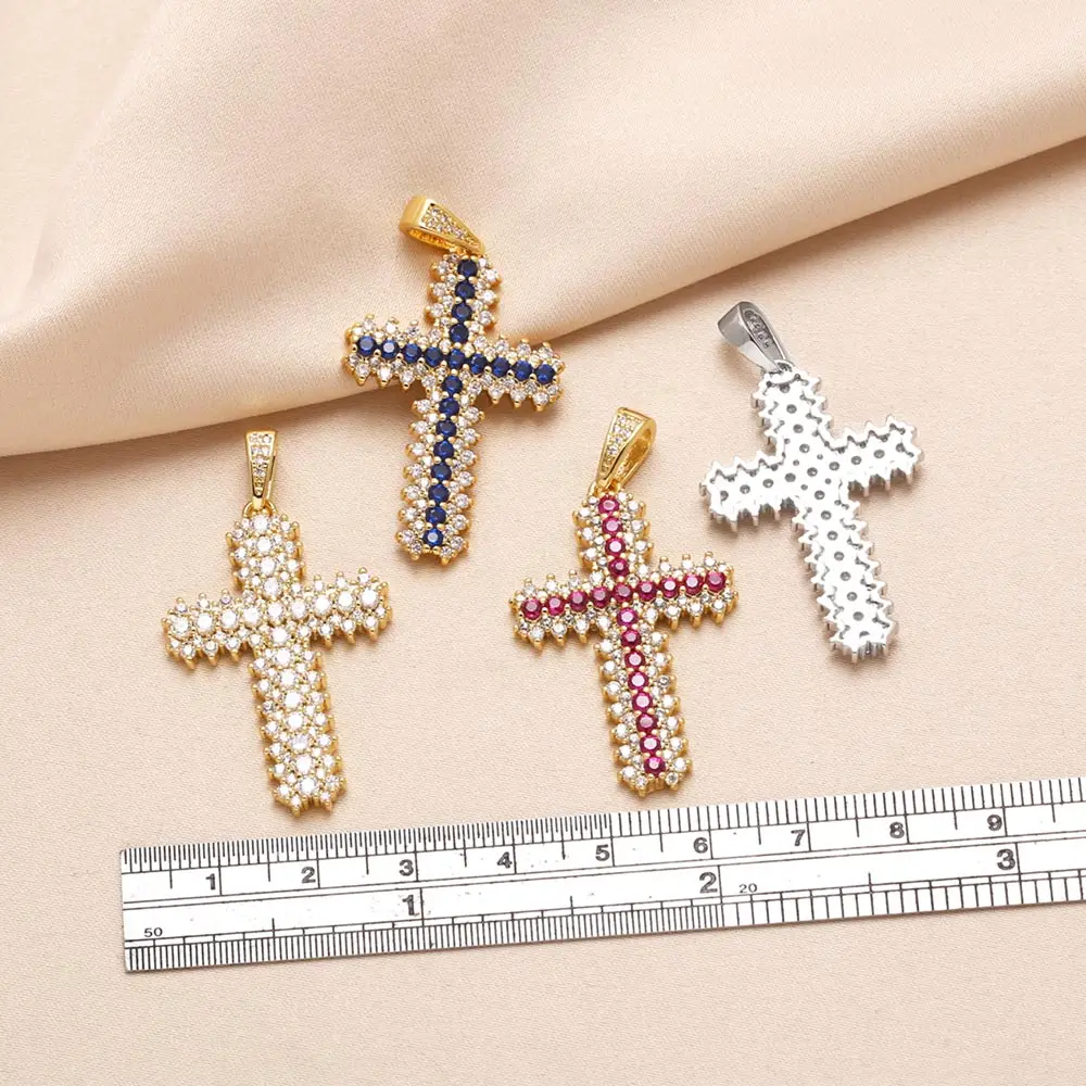 OCESRIO Fuchsia Crystal Big Cross Pendant For Necklaces Copper Gold Plated Crucifix Crossover Jewelry Making Component Pdtb695