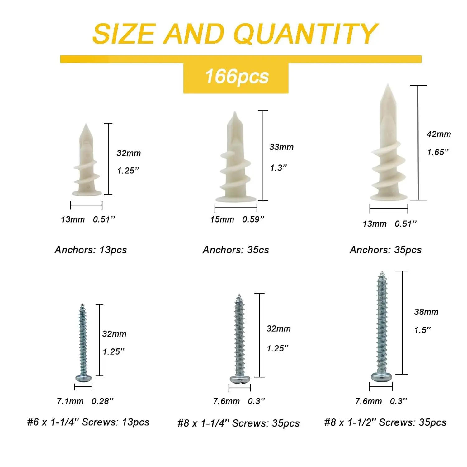 166pcs Gypsum Board Expansion Screws 32mm 33mm 42mm Nylon Expansion Anchor 32mm 38mm Steel Self-tapping Screws Combination Box