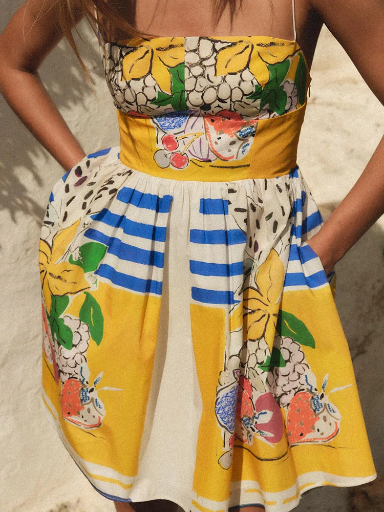 Summer New Sexy Bal Fruit Print Silk Chiffon Strapl Dr Women's Faionable Casual Dres from China Wholes