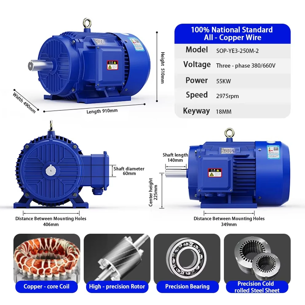 Low Electrical Power Consumption 55kw Asynchronous Electric Motor for Electronics Manufacturing