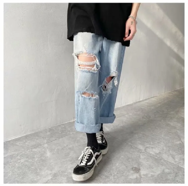 Ripped Washed Jeans Boys Summer Thin High Street Youth Loose Wide Leg Straight Pants