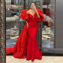 Luxury 3D Flower Cape Dresses Women Ruffled Organza Long Formal Party Dress Layered Mermaid Evening Gowns with Sleeves Red Cloak