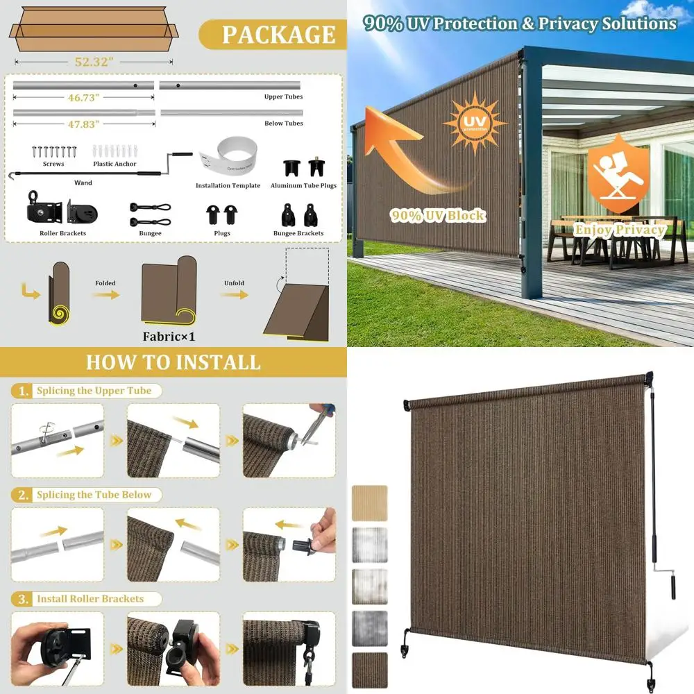 

Беспроводные уличные рулонные шторы, 2,4 м (ширина) x 2,4 м (высота), цвет мокко, для патио, беседки и балкона