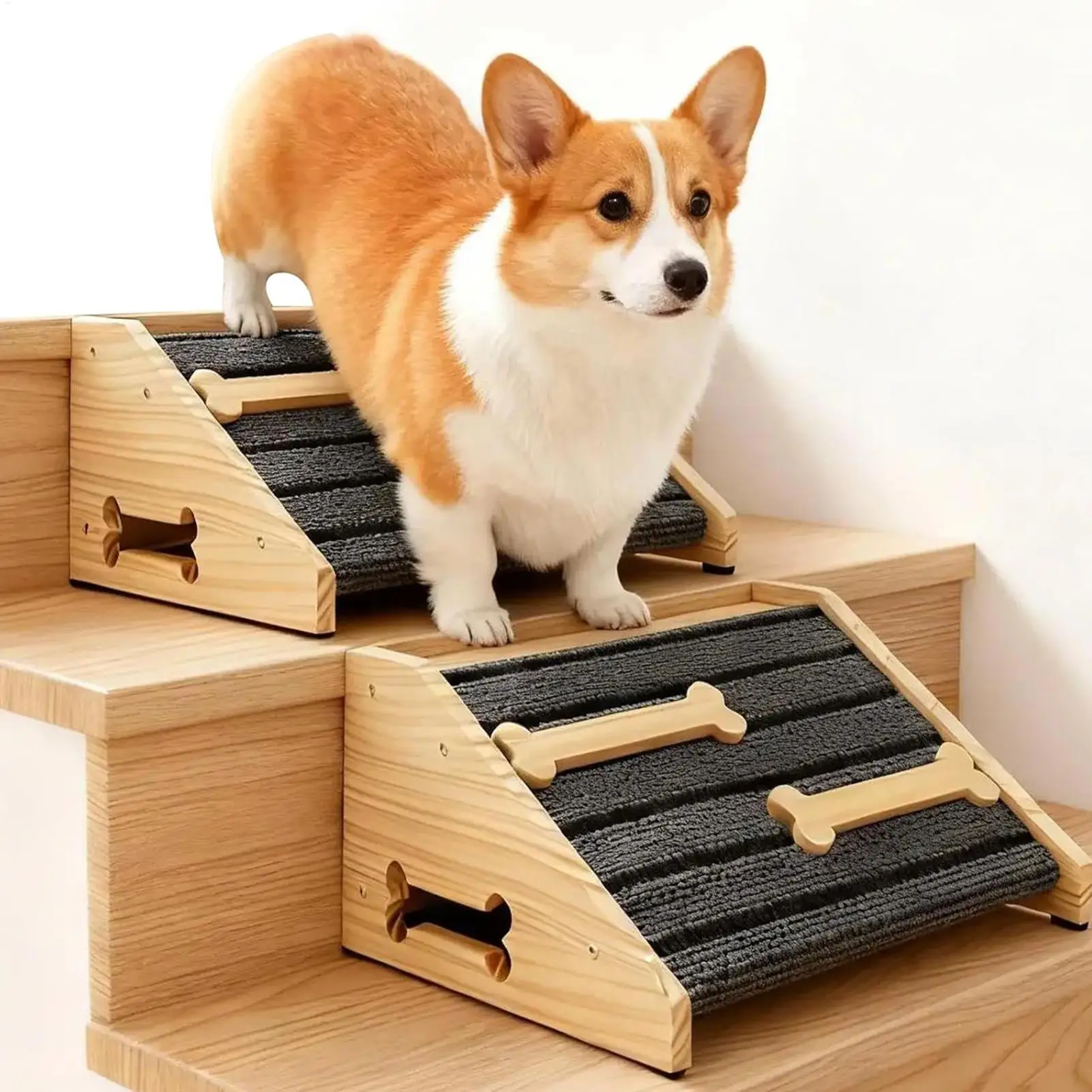 Dog Ramp For Stairs 2 Pieces Anti-slip Portable Wooden Slopes Dog Stair Helper Ramp For Senior Short-Legged Pets Indoor Outdoor