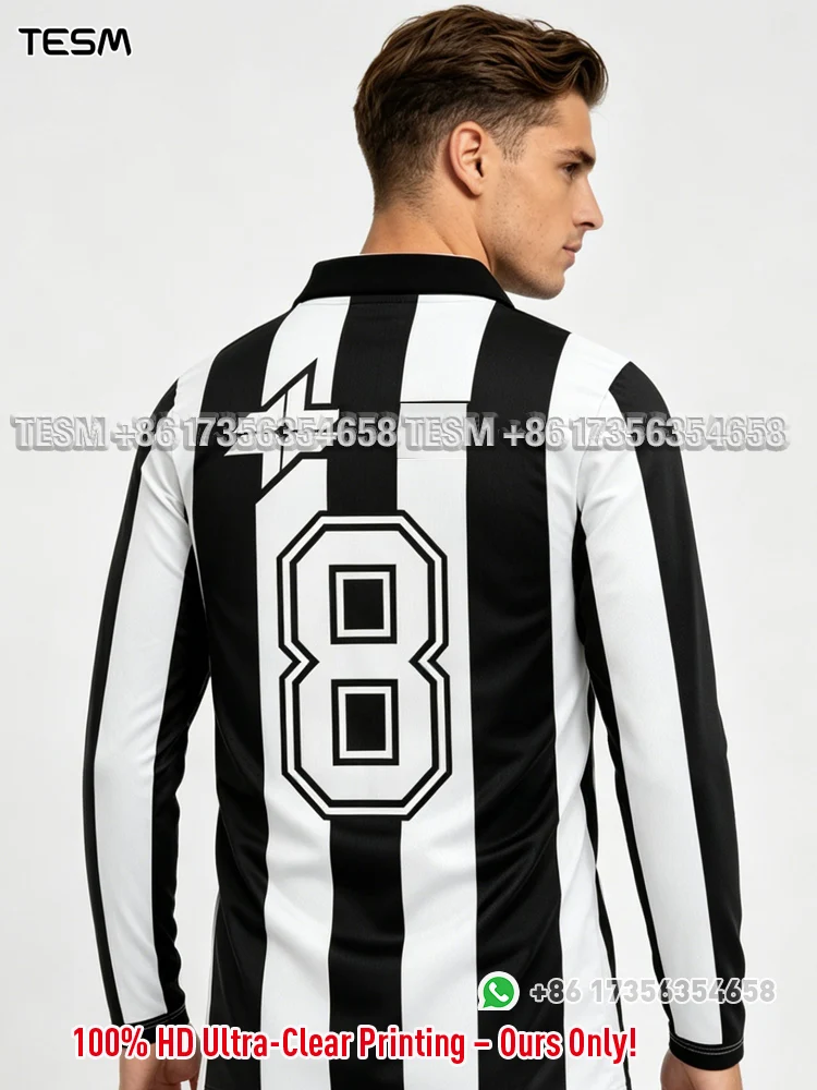 Camiseta de Fútbol Retro para Hombre TESM, Rayas Blancas y Negras, Manga Larga, Estilo Polo, Uniforme Deportivo Vintage