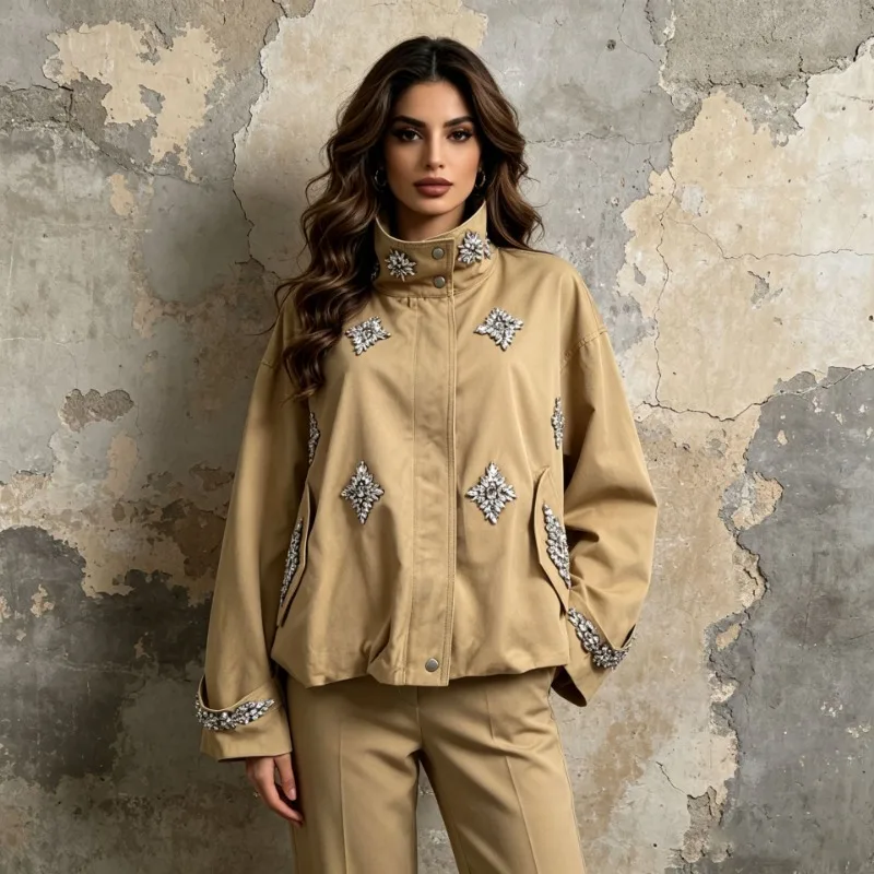Autumn Fashion New Khaki Spliced Diamonds Jacket Female Stand Collar Long Sleeve Loose Streetwear Casual Women's Jackets