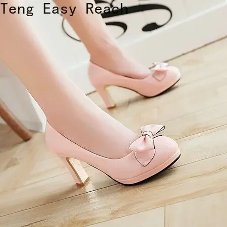 2024 Spring Bowtie Cute Pumps Mary Jane Round Toe PU Buckle Strap Sweet 8cm Block Heels Big Size 43