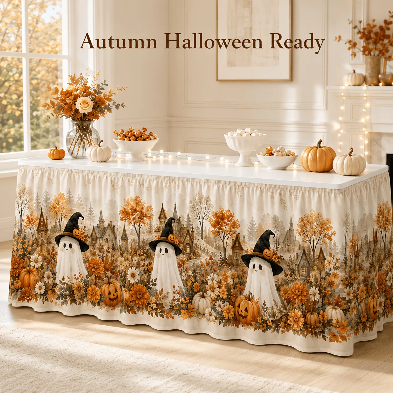 One cream-colored ruffled tablecloth paired with a long tablecloth is suitable for Halloween.zyc