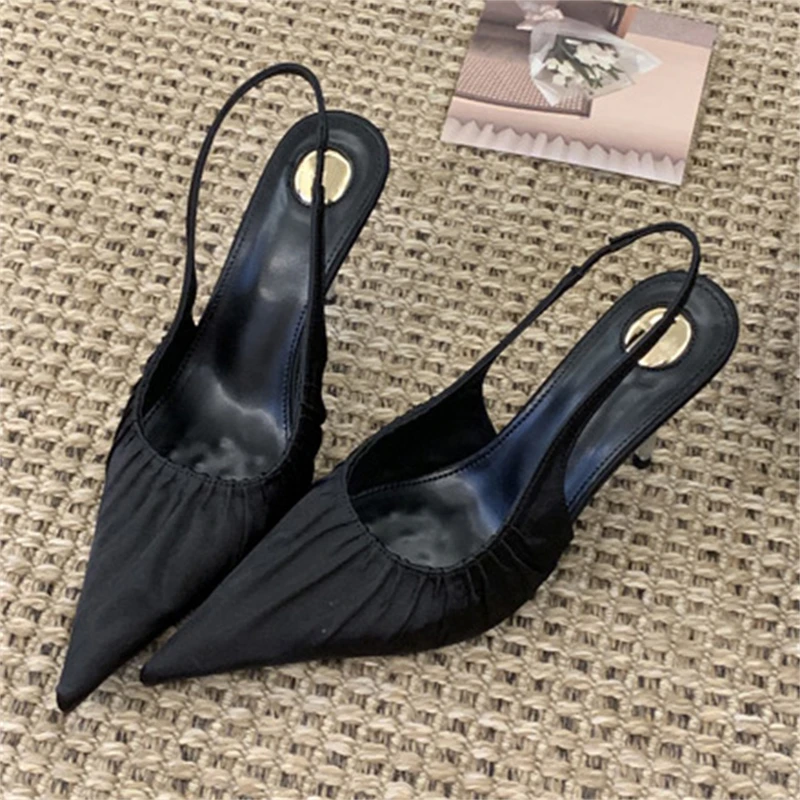 

Eilyken Sexy Thin High Heels Slingback Women Pumps Sandals Fashion Design Pleated Satin Pointed Toe Banquet Shoes