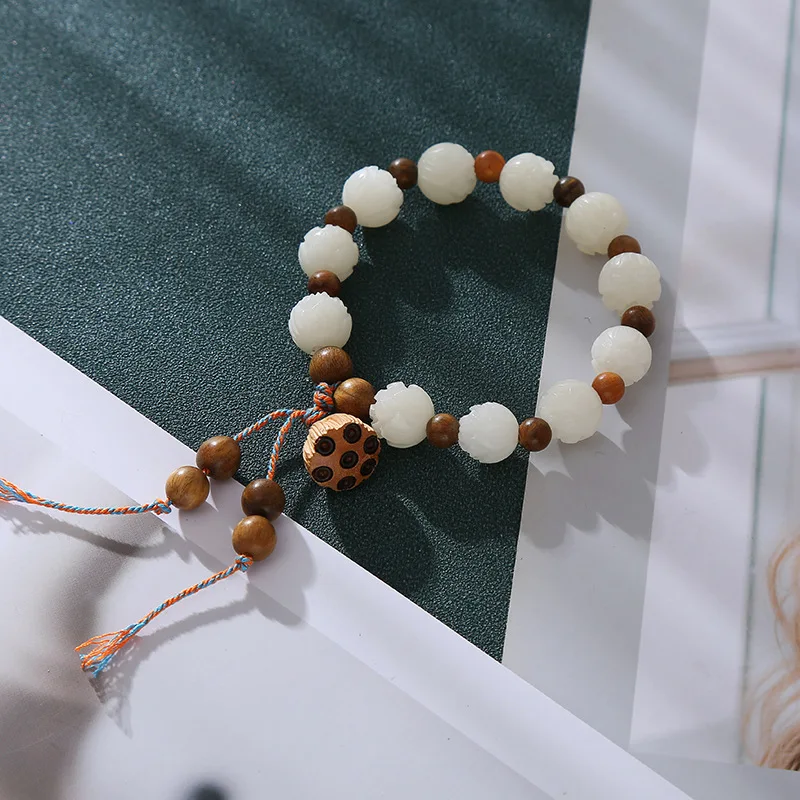 

Natural White Jade Lotus Pendant Star Moon Bodhi Bracelet National Fashion Vintage Creative Chinese Beaded Jewelry for Women