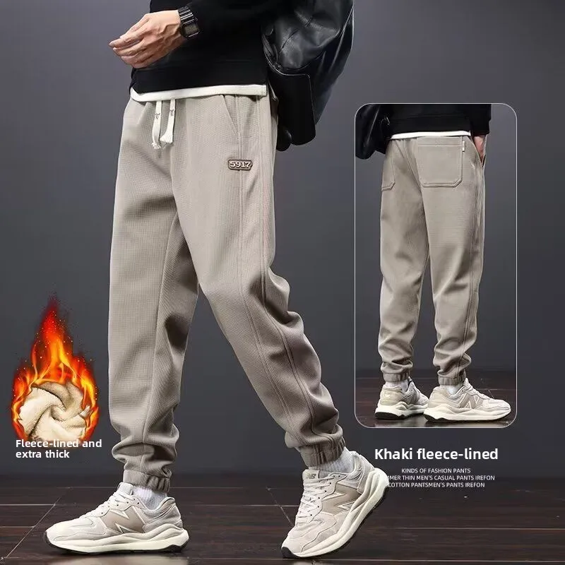 

Bla Fce Lined Thiened Casual Pants for Men Loose Autumn Winter Sle Elastic Waist Baggy Sports Leisure Trousers