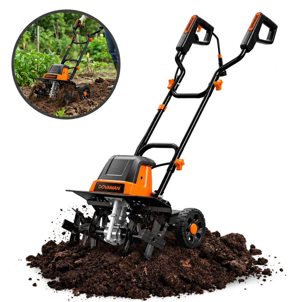 DOVAMAN 18-Inch Electric Garden Tiller 15-Amp Corded Cultivator, 9-Inch Depth, 4-Position Wheels, Foldable Handle